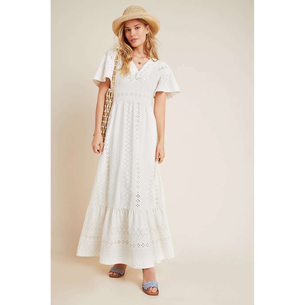 Anthropologie Maeve Rochelle Ivory Embroidered Eyelet Maxi Dress Size Medium